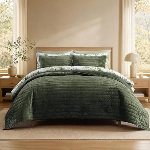 Green Velvet Quilt Queen Size-Bedding Sets Luxury Soft Bedspread with Shams