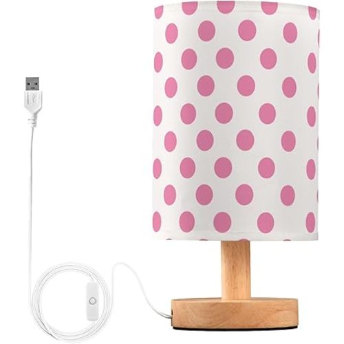 Pink Polka Dot Pink and White Bedside Table Lamps with USB Port for Bedroom Lamp Accent Table Lamp Small Nightstand Lamp Sturdy Linen Shade Wooden Decorative Lamps for Kids|Reading|Dorm|Home