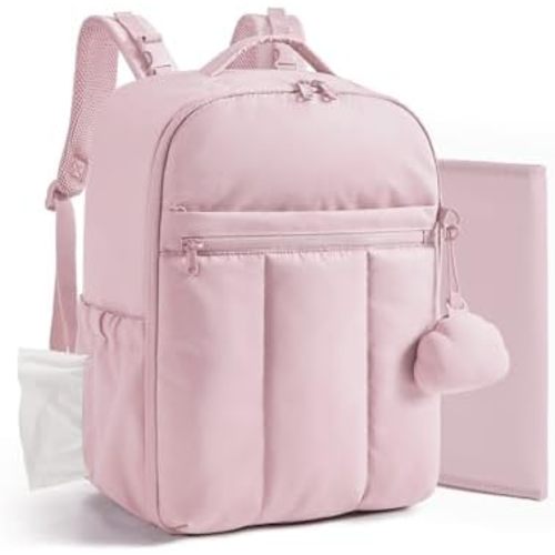 BAGSMART Baby Diaper Bag Backpack, Lightweight Puffy Diaper Bag with Insulated Pockets& Pacifier Case, Travel Stroller Straps with Waterproof Changing Pad, Pink
