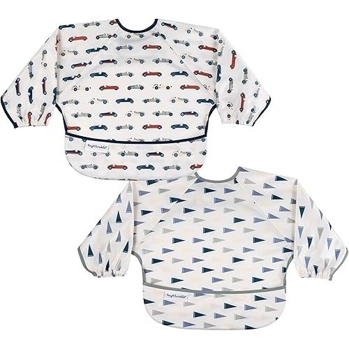 Tiny Twinkle Long Sleeve Bibs for Babies & Toddlers-2 Pack Waterproof Smock Bibs for Eating-Machine Washable & Mess-Proof, Perfect Baby Feeding Essential & Shower Gift (Cars,Flags, 6-24M)