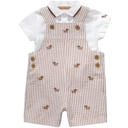 Little Me Baby Boys Cotton Short Sleeve Polo & Striped Seersucker Puppies Jon Jon Overalls Set
