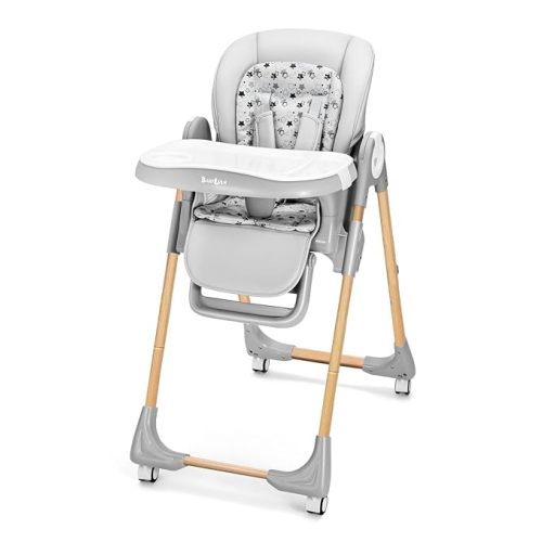 Babilous Foldable High Chair with Soft Cushion, High Chairs for Babies and Toddlers, Height Adjustable Feeding Chair, Adjustable Backrest and Footrest, Lockable Wheels, Woodgrain Star Gray
