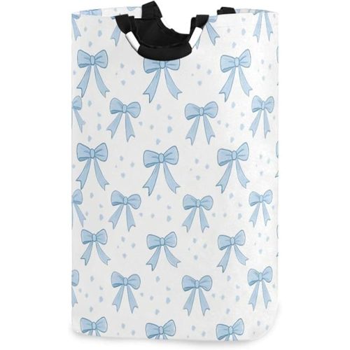 Laundry Hamper Basket Blue Bows Collapsible Nursery Storage Bin Waterproof Clothing Baskets for Home Bedroom Bathroom Washing Room