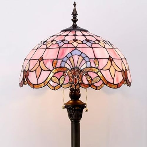 WERFACTORY Tiffany Floor Lamp Pink Baroque Stained Glass Standing Reading Light 16X16X64 Inches Antique Pole Corner Lamp Decor Bedroom Living Room Home Office S003P Series