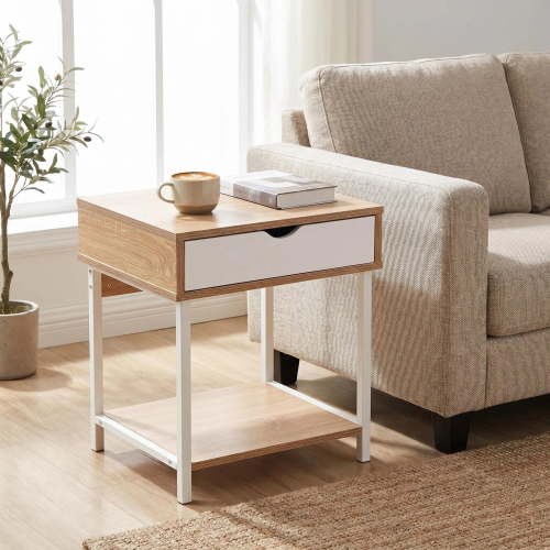 JJS Side End Table, Nightstand, Bedside Table with Drawer and Storage Shelves, Sofa Table for Living Room, Bedroom, Accent Furniture, Easy Assembly, Oak/White