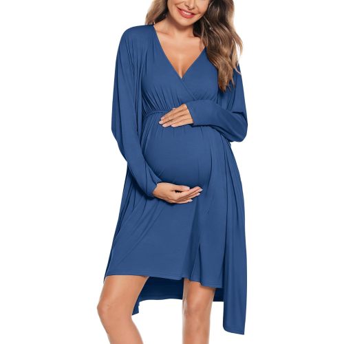SWOMOG Women Maternity Nursing Gown and Robe Set 3 in 1 Labor Delivery Nursing Nightgown for Breastfeeding Hospital Bathrobe
