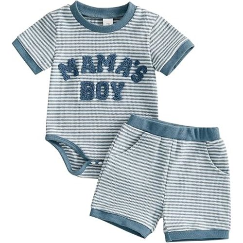 Mamas Boy Baby Clothes Summer Newborn 3 6 9 12 Months Striped Waffle Knit Short Sleeve Romper Shorts Set Outfit