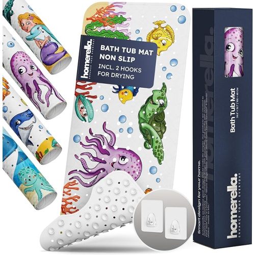 Bath Tub Mat Non Slip Anti Mold for Kids BPA Free INCL Hooks - homerella® Ocean Sea Animals 40x16, Baby Bath Mat Non Slip 200 Suction Cups, Non Toxic Machine Washable Toddler Bath Mat, EU Certified