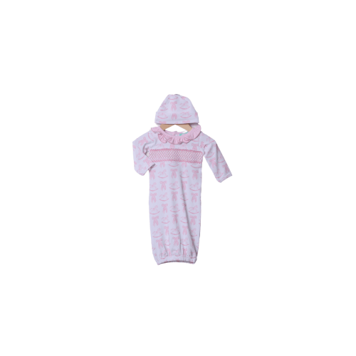 Smocked Heirloom Pink Rocking Horse Layette Gown and Hat Set