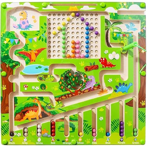 HOMELYLIFE Magnetic Color and Number Maze, Wooden Magnetic Maze Board Preschooler Educational Matching Learning, Montessori Toys Motor Skill Toys for Toddlers Boys Girls 3+, Dinosaur Style