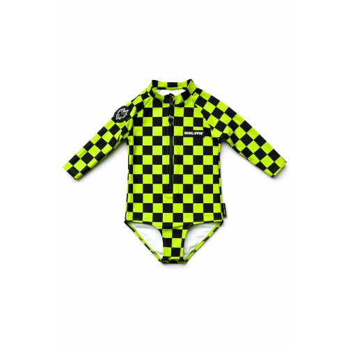 UPF50+ Girls One Piece Swimsuit in Neon Electric Lime + Black Checkered