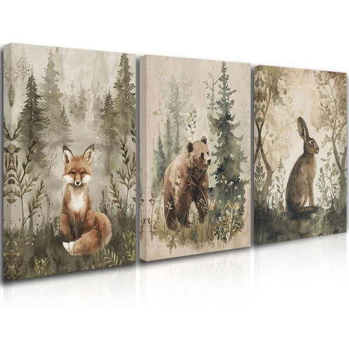 Woodland Nursery Wall Art Wild Animals Forest Wall Decor Prints Adventure Theme Canvas Posters Brown Rabbit Bear Hedgehog Pictures Paintings for Boys Room Girls Room (only canvas)