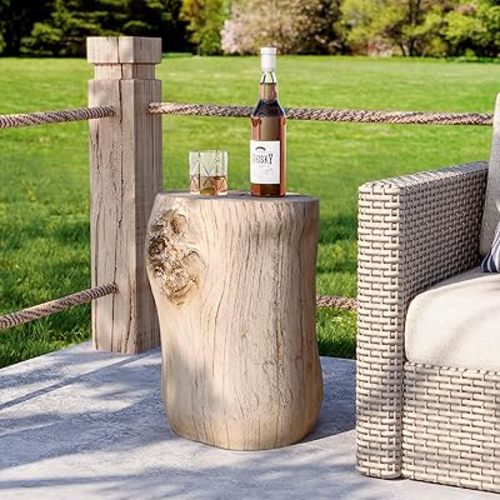 HOMPUS Concrete Outdoor Side Table Tree Stump Modern Round Coffee Table Accent Table Plant Stand Faux Wood End Table Garden Stool for Patio,Home Decor, Living Room(White)