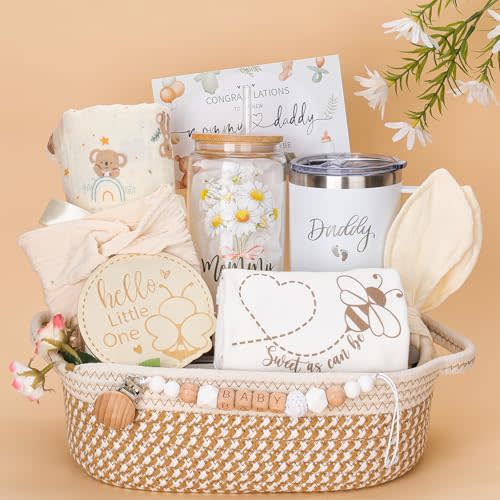 pengtai New Mom Gifts for Women,New Parents Gifts for Couples,10pcs Baby Shower Gender Reveal Ideas Basket for Mom and Dad-Gender Neutral