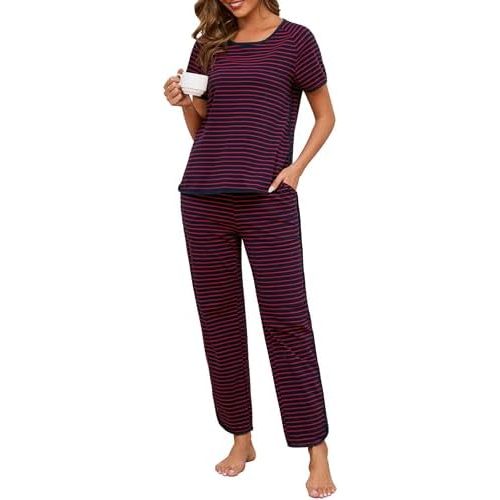 Womens Pajama Sets Cotton 2 Piece Lounge Set Stripe Short Sleeve Pj Set Comfy Loungewear Sleepwear with Pockets