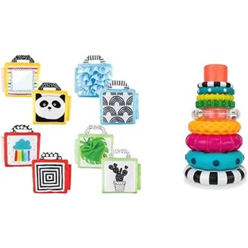 Sassy Reversible Soft Sensory Activity Panels, 4Count, Ages 0+ & Stacks of Circles Stacking Ring STEM Learning Toy, Age 6+ Months, Multi, 9 Piece Set