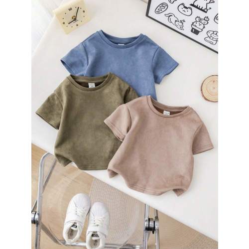 3pcs/Set Baby Boy/Girl Casual Korean Style Cute Faux Suede Short Sleeve Top Outfit, Spring/Summer | SHEIN USA