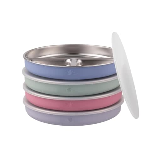 Stainless Steel Divided Plates + Silicone Sleeve and Storage Lid | Baby, Toddler, Kids | Dinner & Snack Plates | 4 Pack