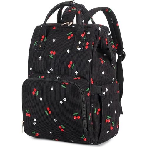 Baby Diaper Bag Backpack for Mom, Large Capacity Travel Nappy Bag for Boys & Girls with Stroller Straps (Corduroy Cherry Black)