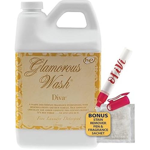 Tyler DIVA Glamorous Wash Laundry Detergent- 1/2 Gallon - With Olivi Stain Remover Pen - Fresh Scented Sachet - Laundry Detergent - For Washing Clothes, Linen, Lingerie, Expensive Fabric, Sheets