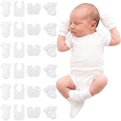 6 Set Newborn Baby Clothing Set Include White Cotton Bodysuits Mittens Socks for 0-3 Months Infant