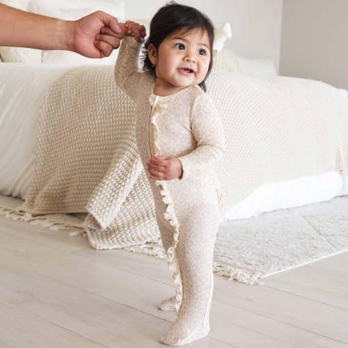 Lovely Leopard Bamboo Waffle Ruffle Zipper Footie