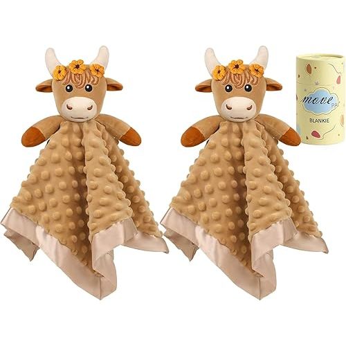 Baby Security Blanket, Soft Baby Lovey Toy Blanket for Girls, Snuggle Toy Lovie Newborn Gift, 2PCS Babies Blankie Girl Highland Cow 16 Inch