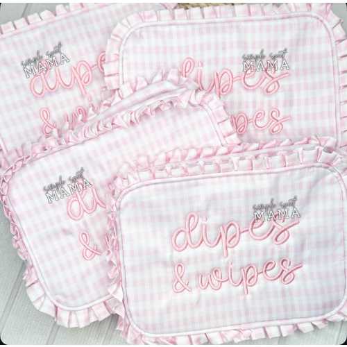 Pink Gingham Wipes & Dipes Bag | Embroidered Wipeable Baby Diaper Bag Pouch