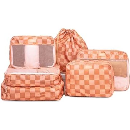 Jadyn Packing Cubes for Travel, 6-Piece Large Packing Cube Organizer Set for Suitcase, Duffel Bag, Luggage, Multiple Sizes Travel Essentials (Terracotta Check)