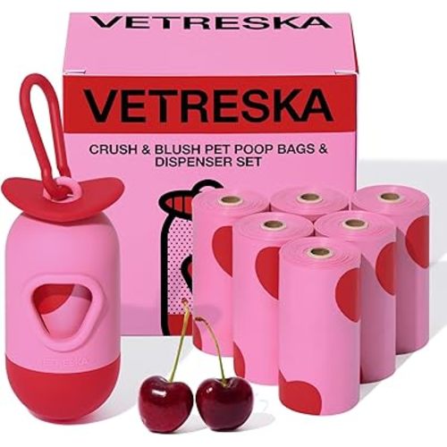 VETRESKA Dog Poop Bag Dispenser with Smoked Cherry Scented Poop Bags, Leak Proof and Extra Thick Pet Waste Bags, 1 Poop Bag Holder and 105 Bags for Dog Walking and Cats Litter