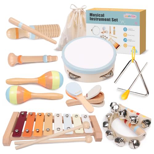 Baby Musical Instruments Set - Montessori Wooden 18 Month Old Baby Musical Toys, Toddler Percussion Instruments Xylophone Maracas Tambourine for Toddlers 1-3, 1 2 3 Year Old Girls Boys Birthday Gifts