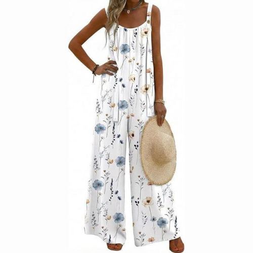 Ekouaer Casual Overalls Summer Loose Wide Leg Jumpsuits Boho Floral Pleated Outfits with Pockets White Floral XL
