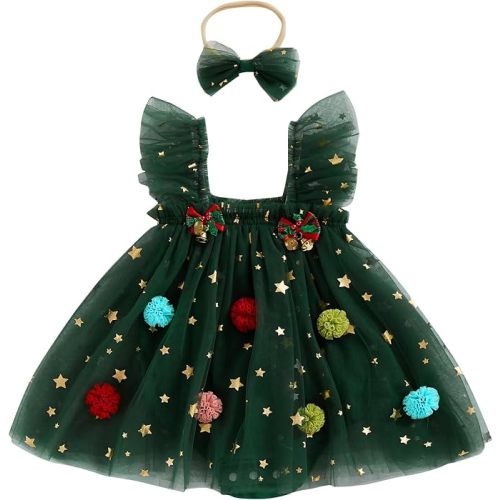 Baby Girl Christmas Tree Romper Dress Star Sequin Tulle Skirt Lace Bodysuit Headband Newborn Infant Christmas Outfit