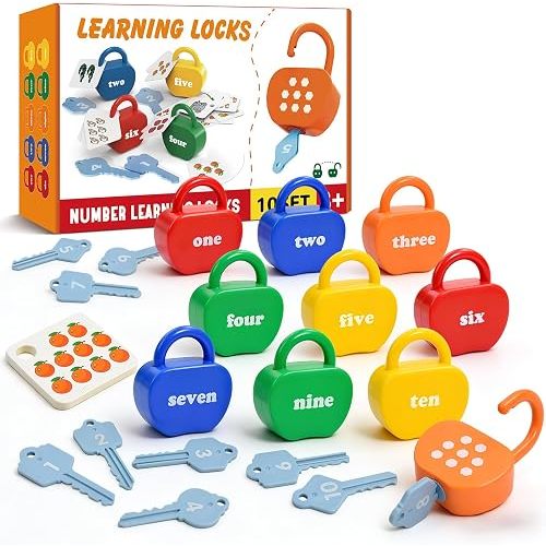 Montessori Lock and Key Toddler Toys, Cause and Effect Sensory Learning Toys for 1 2 3 Year Old, Number Counting & Matching Game, Fine Motor Skills Preschool Travel Activities