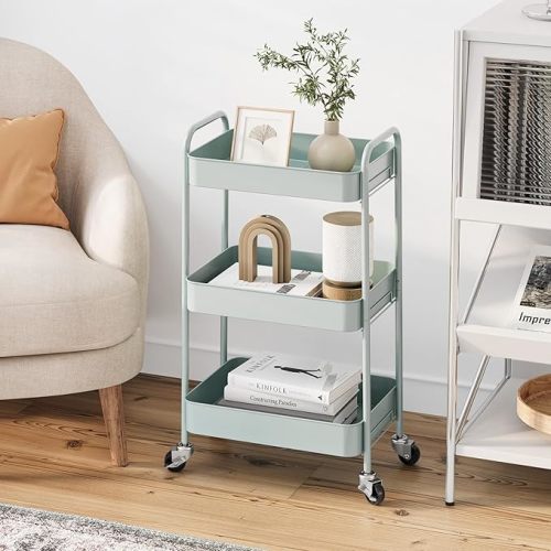 TOOLF 3-Tier Metal Rolling Cart with Wheels, Storage Utility Organizer Cart for Kitchen, Bathroom, Office, Baby Essentials & Makeup - Lockable Casters, Easy Assembly, Large Capacity, Green