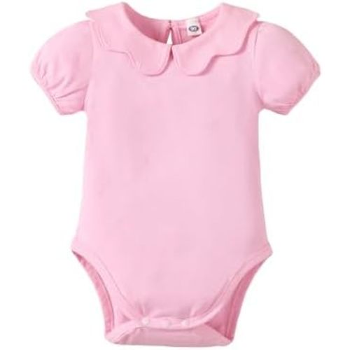 LYSMuch 0-24Mo Baby Girls Peter Pan Collar Bodysuit Toddler Ruffle Romper Short Sleeve Solid Color Clothes