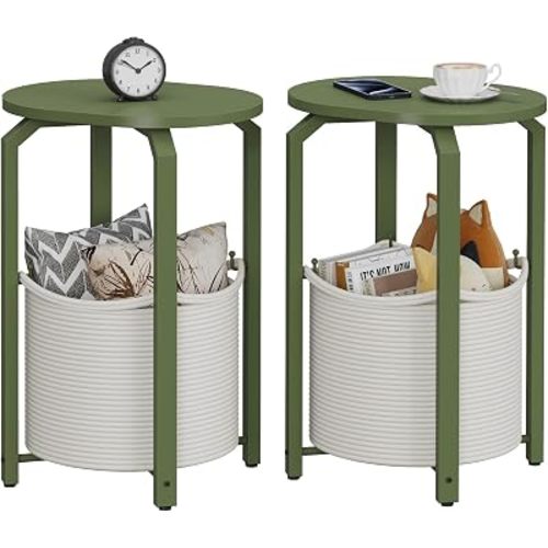 TUTOTAK Set of 2 Oval End Tables with Woven Storage Baskets, Olive Green Small Side Tables for Living Room, Bedroom, TB01BOG0932