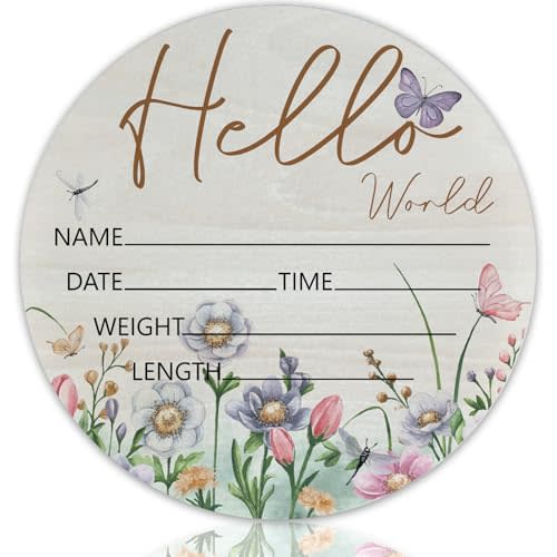Hello World Butterfly Theme Baby Name Sign Birth Announcement Plaque with Name Date Weight 6" Round Birch Wood Nursery Decor Newborn Hospital Keepsake Gift for Parents