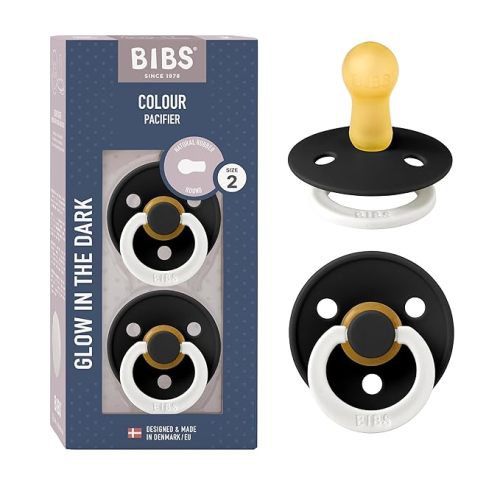 BIBS Pacifiers | Natural Rubber Baby Pacifier | Set of 2 BPA-Free Soothers | Made in Denmark | 6+ Months (Pack of 2) | Black Night | Natural Rubber Latex | Size 2 | BPA-Free | Made in Denmark | Glow Handle |