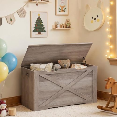 RALGEND Toy Chest, 31.5" Farmhouse Storage Chest with Metal Hinge and Pull Handles, Wooden Storage Bench, Toy Box for Living Room, Bedroom, Entrance, Greige
