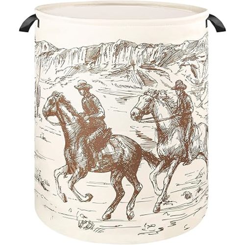 Western Room Decor Laundry Basket, Desert Riding Cowboy Nursery Hamper Rustic Country Home Stuff Bin for Dorm Bathroom Bedroom Gift for Teens Kids Boys Girls, 17.71"x13.77"