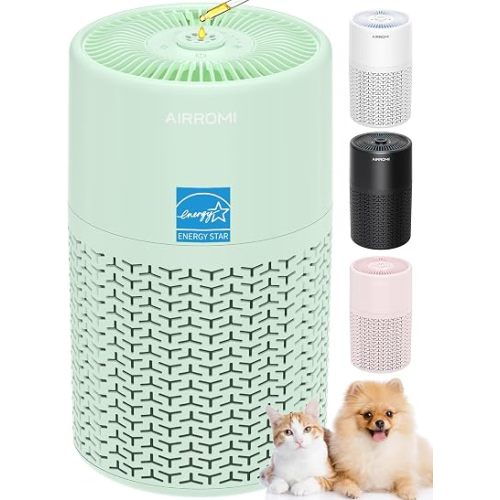 AIRROMI Pets Air Purifier for Home Allergies,Up to 660 ft². HEPA Deodorizing Activated Carbon Filter,With Fragrance Sponge for Better Sleep,Night Light,Pet Dander,Smoke,Odors,Air Cleaner A2002 Green