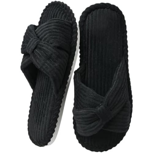 House Slippers for Women Corduroy Cross Bow Indoor Slippers Open Toe Slip On Bedroom Shoes with Memory Foam