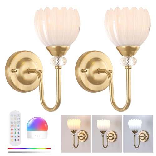 Set of 2 Vintage Battery Operated Wall Sconce, Rechargeable Wall Lamp with 5000mAh Battery & Remote Control, Dimmable Wall Lights with tulip shade for Bedroom Bathroom Living Room, (Tulip White Up)
