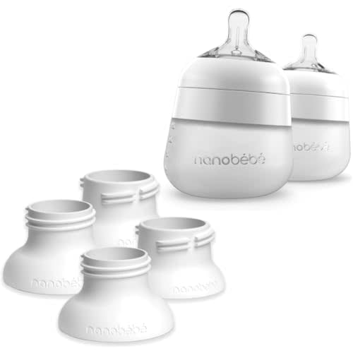 Nanobebe Flexy Silicone Baby Bottle 2-Pack White 5oz Bundled with 4 Pack Breast Pump Adapters