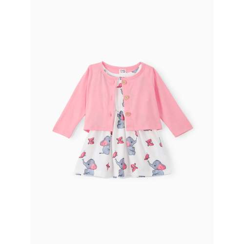 2pcs Baby Girl Pink Cardigan and Elephant Print Dress Set Pink