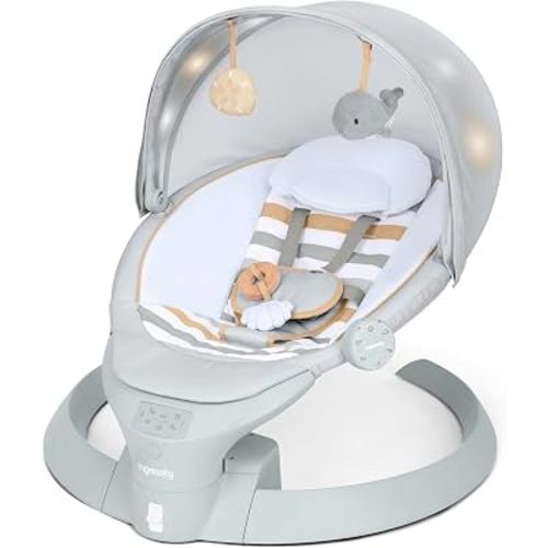 Ingenuity Inlighten Bounce & Sway Baby Swing, Newborn to 9 Months, Pebble | 3-in-1 Swing, Seat & Bouncer, 6 Speeds, 14 Soothing Options, Bluetooth Music, Canopy with Lights, Remote Control, Vibration