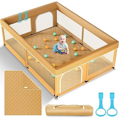 Omzer Baby Playpen with Mat 71"×59" - Extra Large Playpen for Babies and Toddlers with Mat Included, Safety Playard for Baby with Gate, All-Wrapped Soft Sponge Baby Gate Playpen with Stable Mat Velcro