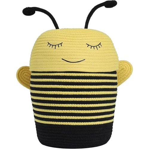 Cottonphant Handcrafted Animal Inspired Basket with Lid | Cotton Storage Solution for Organization in Bedroom | Perfect Organizer for a Shower or Retreat, Yellow Bee, 10"x15"