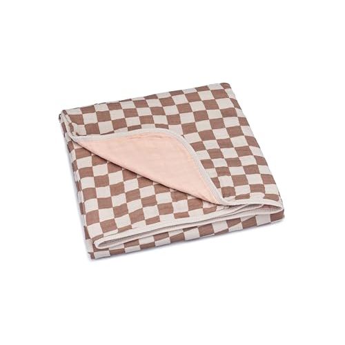 Parker Baby Co. Baby Quilt for Nursery & Tummy Time - Rosewood Checker | 4 layers of 100% muslin cotton, cozy layer for crib styling, play mats, stroller naps and baby shower registry gifts. 47x47"